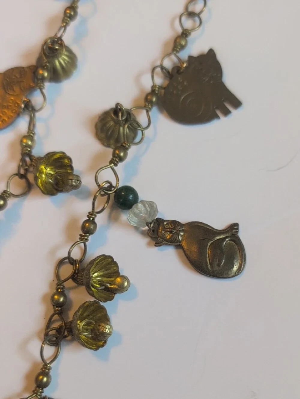 Vintage Laurel Burch Cat Charm Necklace - Antique Brass Tone